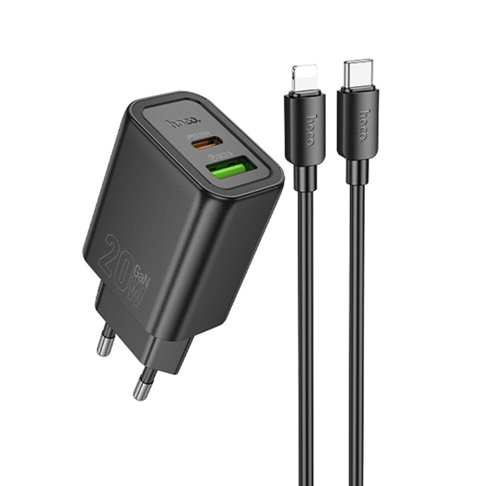 Incarcator de Priza HOCO USB A + Tip C + cablu Tip C la Lightning PD QC3.0 3A 20W N61 - NEGRU FAST CHARGING IPHONE [2]