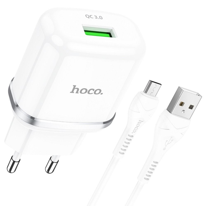 INCARCATOR de retea HOCO USB A QC3.0 3A 18W + cable USB A to Micro USB N3 - ALB [2]