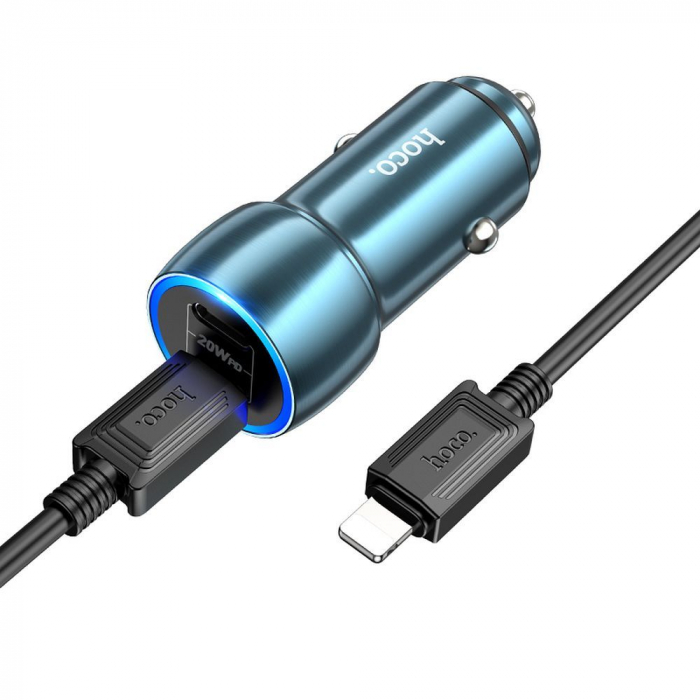 Încărcător Auto HOCO 2 x tip C + cablu tip C pentru Lightning PD QC3.0 3A 40W Z48 - ALBASTRU [3]