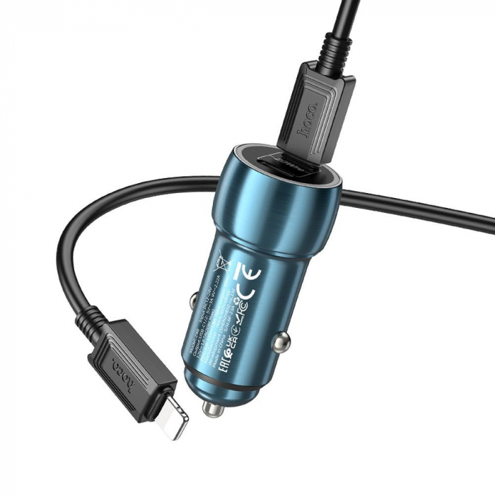 Încărcător Auto HOCO 2 x tip C + cablu tip C pentru Lightning PD QC3.0 3A 40W Z48 - ALBASTRU [4]