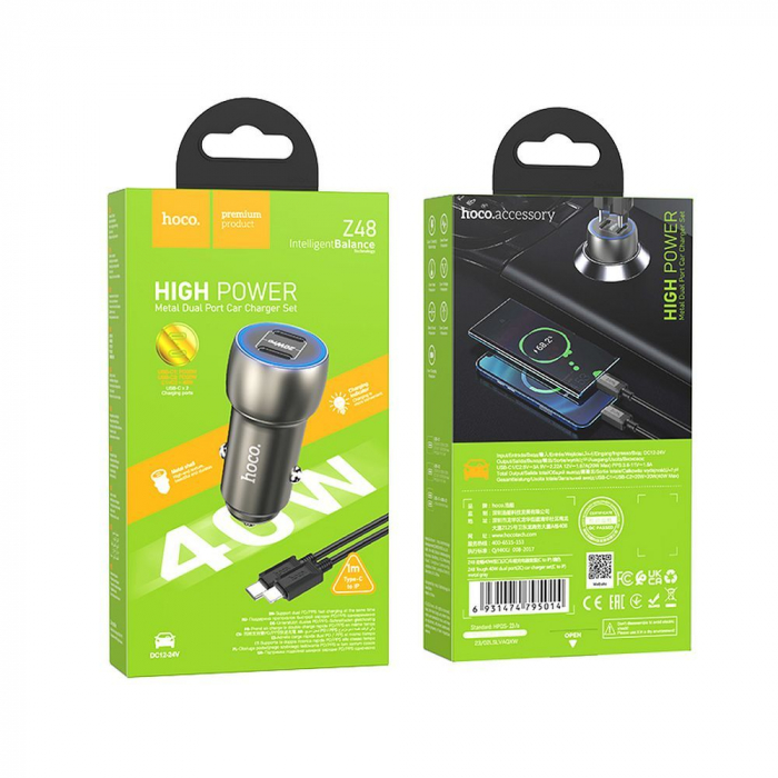Încărcător Auto HOCO 2 x tip C + cablu tip C pentru Lightning PD QC3.0 3A 40W Z48 - ALBASTRU [1]