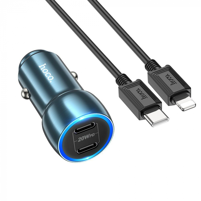 Încărcător Auto HOCO 2 x tip C + cablu tip C pentru Lightning PD QC3.0 3A 40W Z48 - ALBASTRU [2]