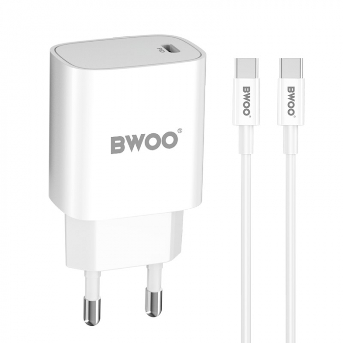 Incarcator Retea BWOO USB C 20W + Cablu Type C - Type C - ALB [2]