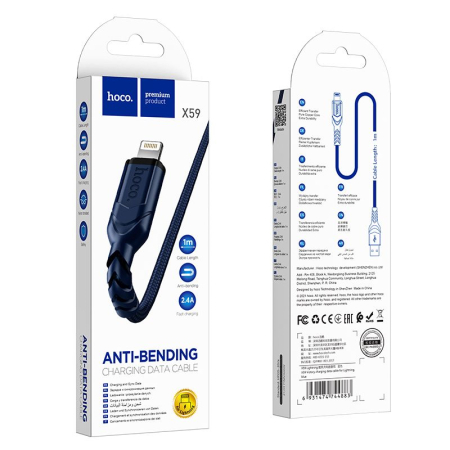 Cablu IPHONE - Cablu cu Invelis Textil HOCO USB A la Lightning X59 2.4A 1 M - Albastru cablu iphone