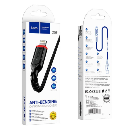 Cablu IPHONE - Cablu cu Invelis Textil USB A la Lightning Hoco X59 2.4A 3M - NEGRU cablu iphone