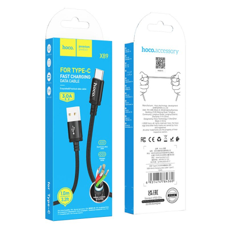 Cabluri de Date si Casti - Cablu Date si Incarcare Cu Invelis Textil USB A la USB C Hoco 3A 1m X89 - NEGRU