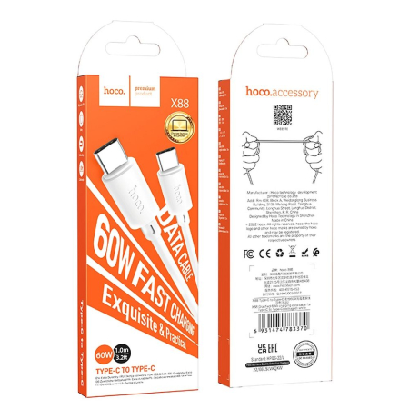 Cabluri de Date si Casti - Cablu Date si Incarcare USB C la USB C Hoco PD 3A 60W 1m X88 - Alb