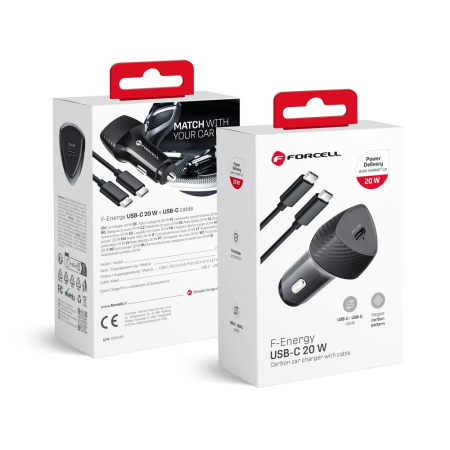 Incarcatoare - Incarcator auto Forcell USB C QC3.0 PD 3A 20W + cablu USB C la USB C - Negru