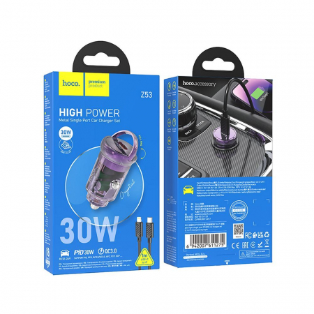 Incarcatoare TIP-C - Incarcator auto HOCO Tip C + cablu Tip C la Lightning PD QC3.0 30W Z53 - VIOLET