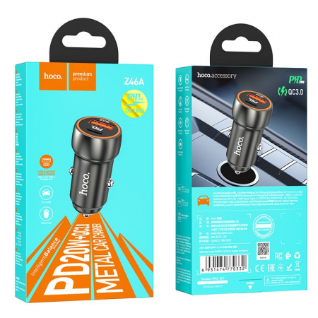 Incarcatoare TIP-C - Incarcator auto HOCO USB A + USB C QC3.0 PD 20W Z46A - Gri