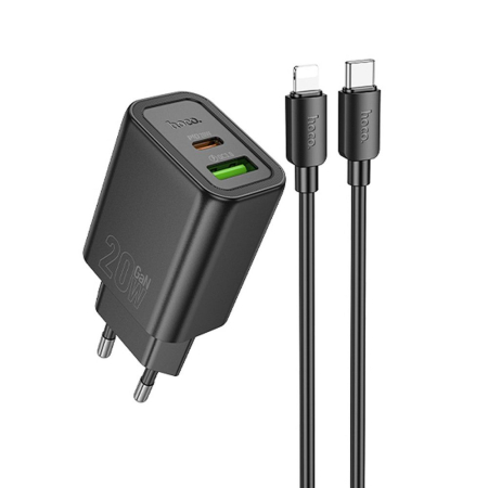 Incarcator de Priza HOCO USB A + Tip C + cablu Tip C la Lightning PD QC3.0 3A 20W N61 - NEGRU FAST CHARGING IPHONE [1]