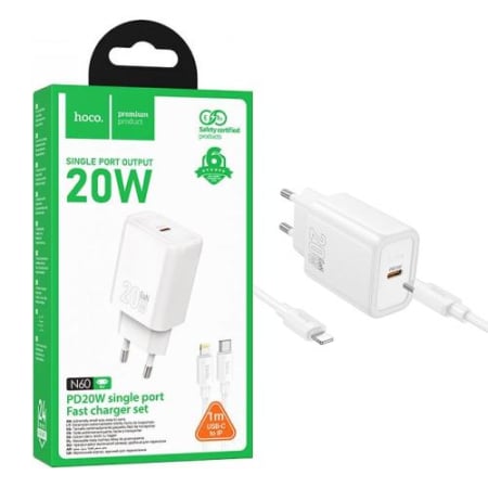 Incarcatoare Priza - Incarcator de Priza HOCO USB C + cablu Tip C la Lightning PD QC3.0 3A 20W N60  - NEGRU