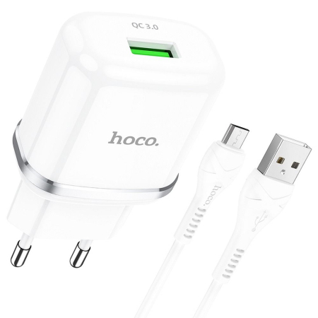 INCARCATOR de retea HOCO USB A QC3.0 3A 18W + cable USB A to Micro USB N3 - ALB [1]