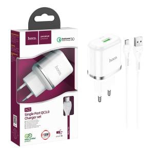 Incarcatoare Priza - INCARCATOR de retea HOCO USB A QC3.0 3A 18W + cable USB A to Micro USB N3 - ALB