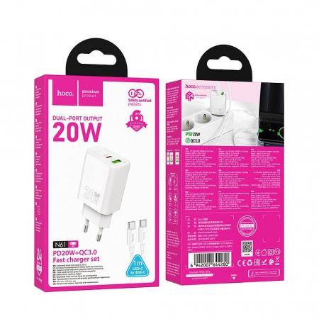 Incarcatoare Priza - Incarcator priza  HOCO USB A + Tip C + Tip C la Tip C PD QC3.0 3A 20W N61 - ALB