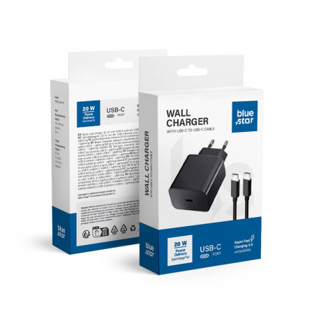 Incarcatoare Priza - INCARCATOR de retea BLUE STAR 3A 20W cu Cablu Tip C la Tip C PD QC4.0 - NEGRU Tensiune de ieșire:  5V-3A, 9V-2.22A, 12V1.67A Putere de ieșire:  20W