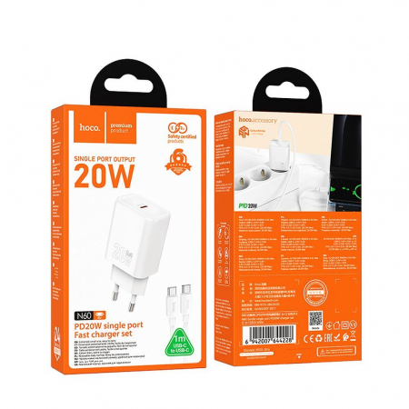 Incarcatoare Micro-USB - Incarcator Retea Hoco USB C QC PD 20W + Cablu USB C la USB C N60 - Alb