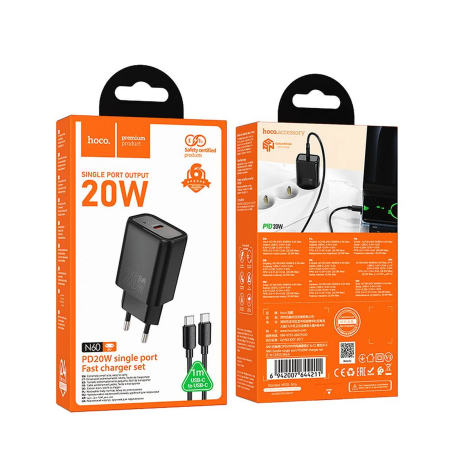 Incarcator Retea  Hoco N60 USB-C QC/PD 20 W cu cablu USB-C – USB-C - Negru IPHONE SAMSUNG [0]