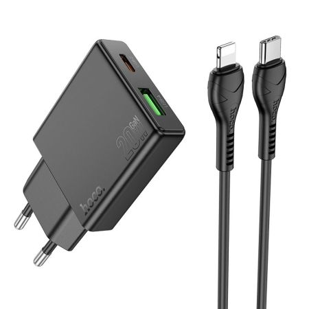 Încărcător Retea Hoco Slim USB-A + USB-C QC3.0 PD 3A 20W N38 cable USB C la Lightning - NEGRU [2]