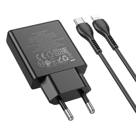Încărcător Retea Hoco Slim USB-A + USB-C QC3.0 PD 3A 20W N38 cable USB C la Lightning - NEGRU [1]