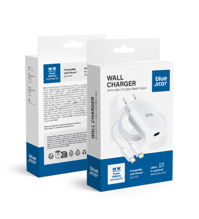 Incarcatoare Priza - Încărcător Retea Blue Star USB C QC3.0 PD 3A 18W + cablu USB C la Lightning TFK-TC-1099C - ALB