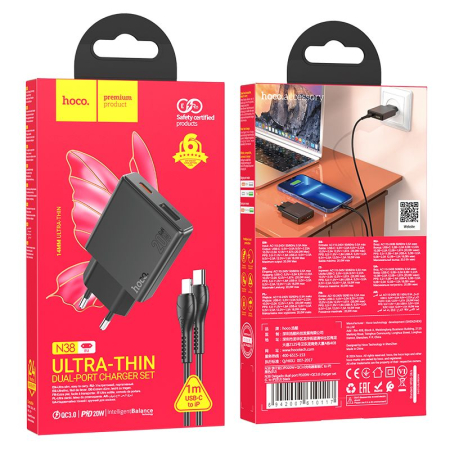 Incarcatoare Priza - Încărcător Retea Hoco Slim USB-A + USB-C QC3.0 PD 3A 20W N38 cable USB C la Lightning - NEGRU