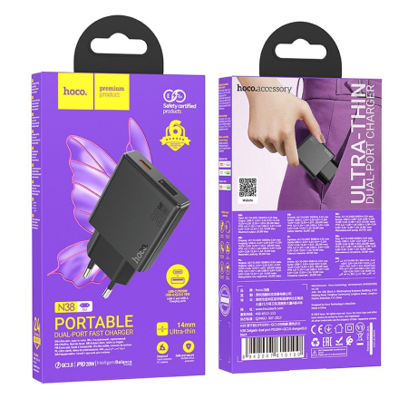 Incarcatoare Micro-USB - Încărcător Retea Hoco Slim USB-A + USB-C QC3.0 PD 3A 20W N38 - NEGRU