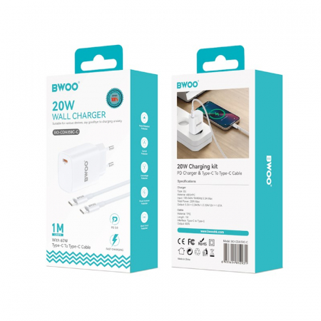 Incarcatoare Priza - Incarcator Retea BWOO USB C 20W + Cablu Type C - Type C - ALB