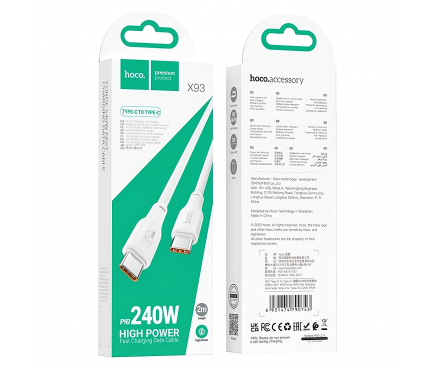 Cabluri de date si Casti - Cablu date si incarcare HOCO X93 240W 2m USB-C la USB-C - ALB