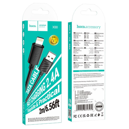 Cablu IPHONE - Cablu HOCO USB A la Lightning 2,4A 2 m X88 - NEGRU