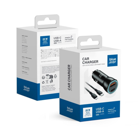 Incarcatoare - Incarcator auto Blue Star USB C + USB A QC3.0 PD AFC PPS 3A 25W + cablu USB C la Lightning - Negru