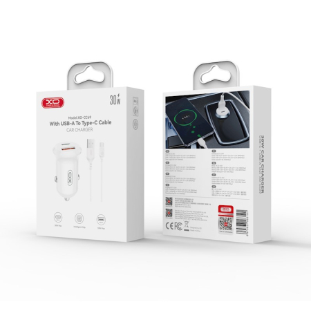 Incarcatoare TIP-C - INCARCATOR AUTO XO CC69 PD 30W QC 1x USB 1x USB-C + Cablu USB A la USB-C - ALB