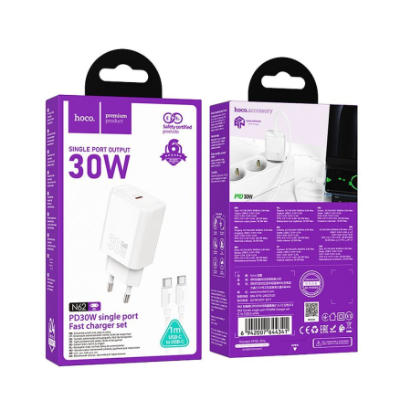 Incarcatoare Priza - Încărcător De Retea Hoco USB C QC PD 30W + Cablu USB C la USB C N62 - ALB
