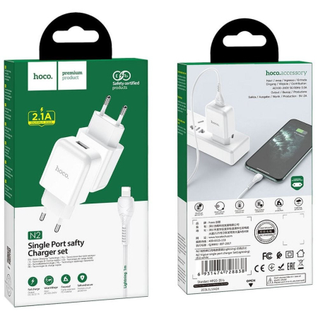 Incarcatoare Priza - Incarcator Retea Hoco N2 USB A 2A 10W + cablu USB A la Lightning - ALB