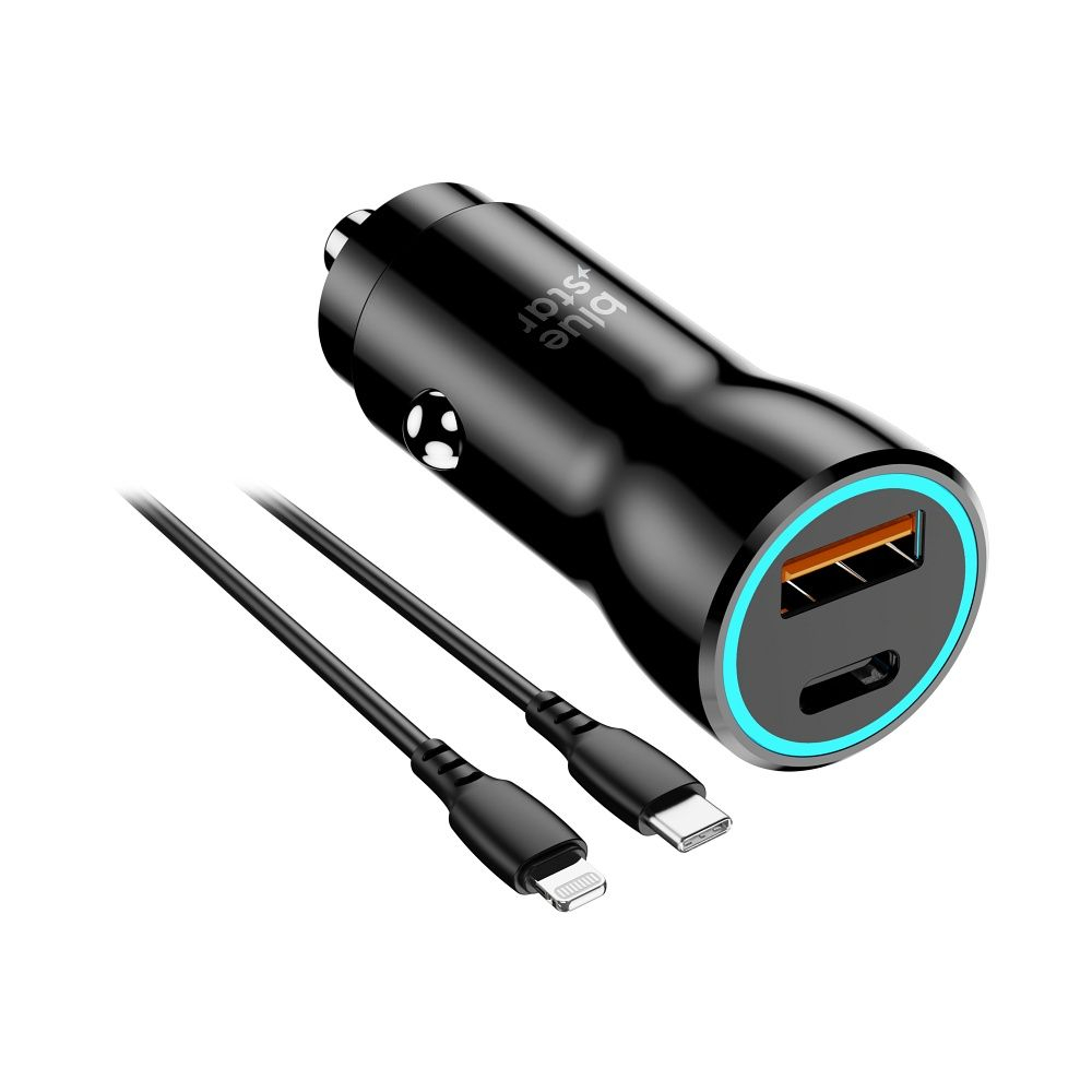 Incarcator auto Blue Star USB C + USB A QC3.0 PD AFC PPS 3A 25W + cablu USB C la Lightning - Negru [1]