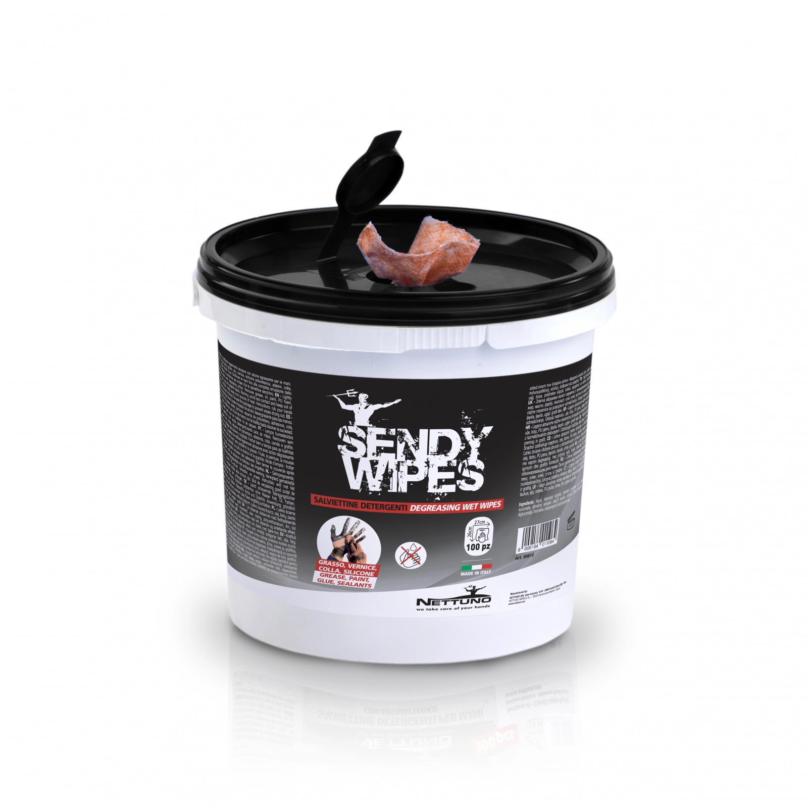 00813  Sendy Wipes - Galeata cu 100 de servetele. Recomandat pentru Murdărie unsuroasă - Vaselină, ulei, lubrifianti, hidrocarburi, bitum Murdărie uscată - Vopsea, email, silicon, rugina [1]