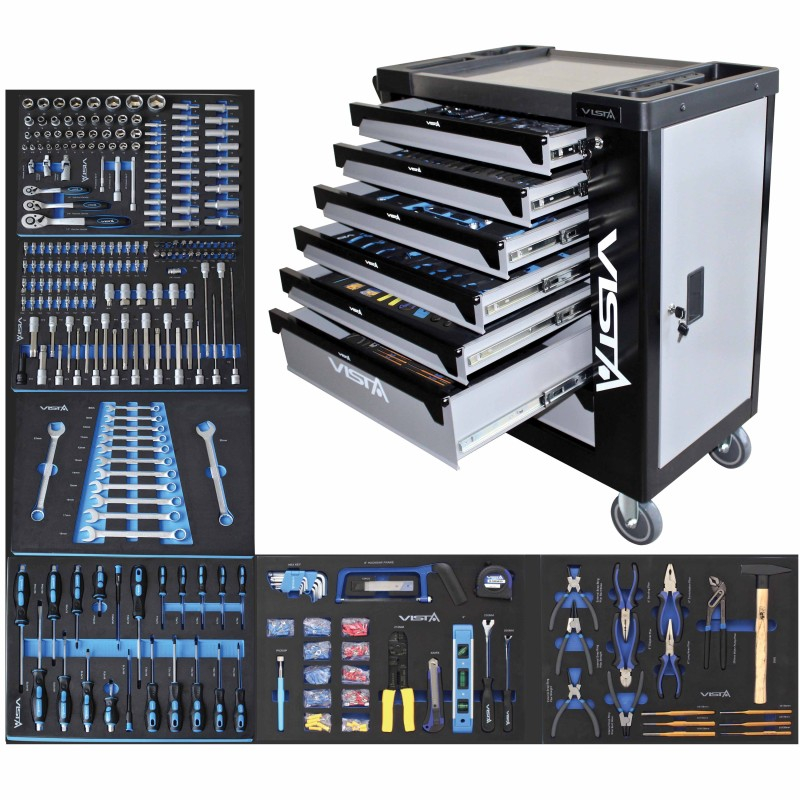 V-T250E Dulap profesional echipat cu scule 7 sertare 256 piese cu blat din otel + sertar lateral [5]