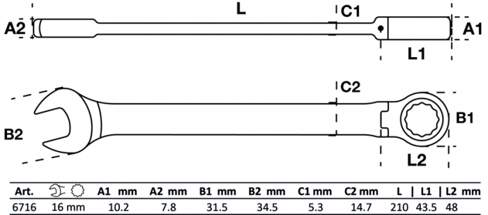 Set chei combinate cu clichet, articulata 16 mm BGS 6716 [2]