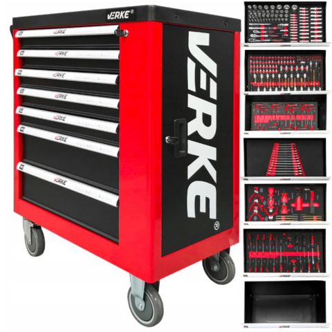 Dulapuri, Module, Cutii - V33107 Dulap mobil pentru scule cu 7 sertare echipate cu 250 piese – set complet pentru atelier