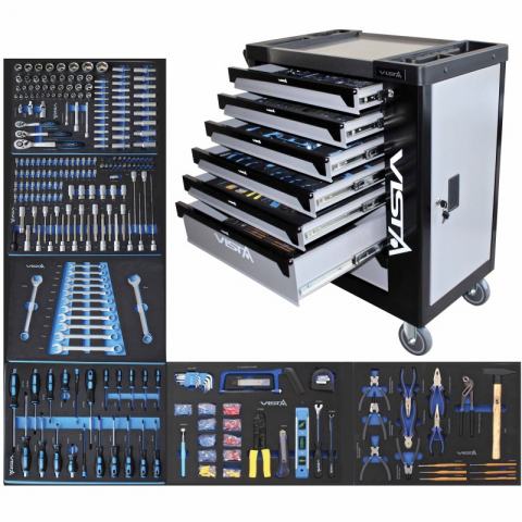 Dulapuri - V-T250E Dulap profesional echipat cu scule 7 sertare 256 piese cu blat din otel + sertar lateral