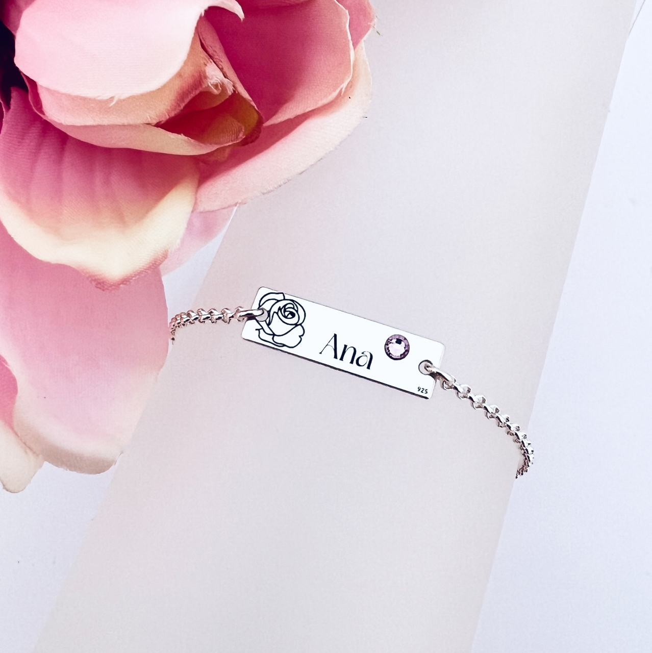 Bratara cu placuta personalizata din argint - Nume, Floare si Cristal  [2]