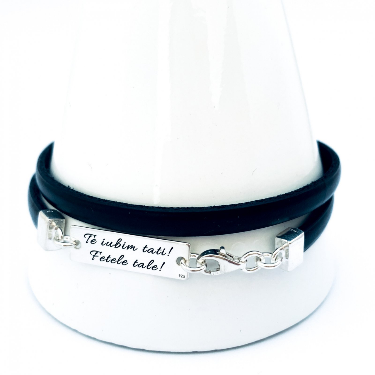 Bratara din argint pentru barbati snur din piele, Te iubim, tati! [2]