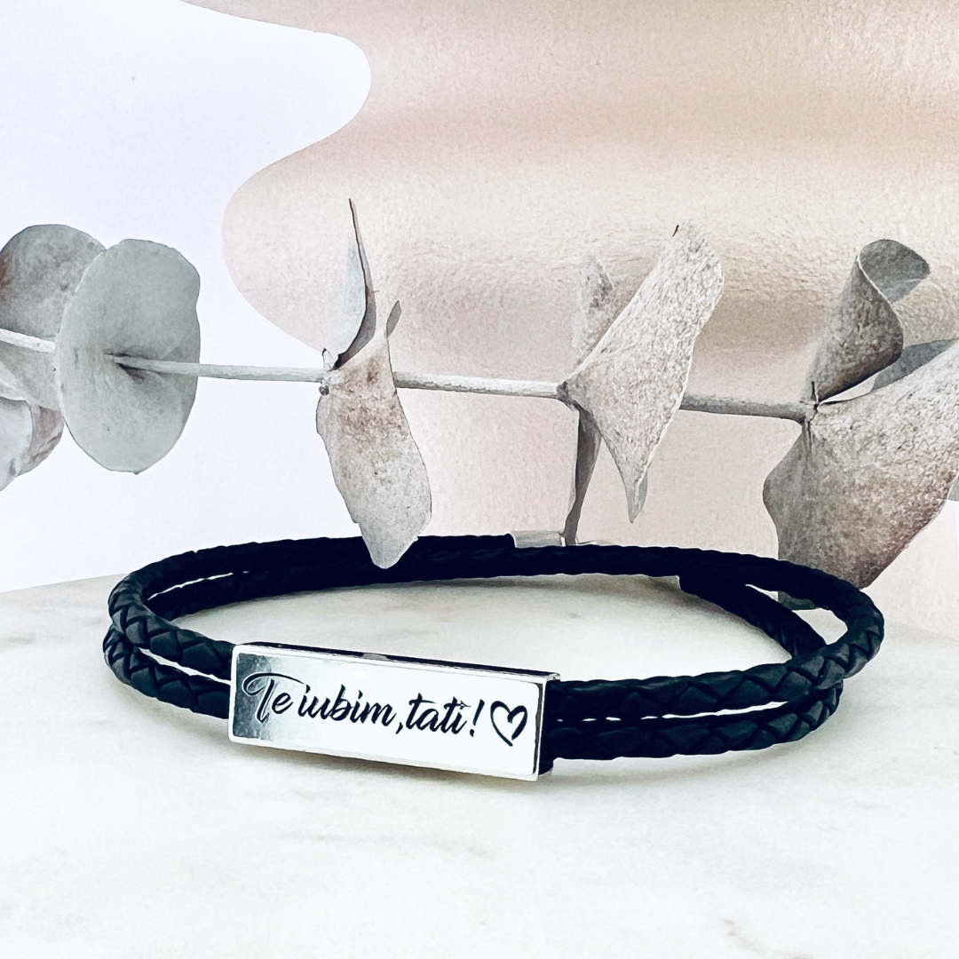 Bratara personalizata 3D argint, snur impletit piele - Te iubim, tati! [2]