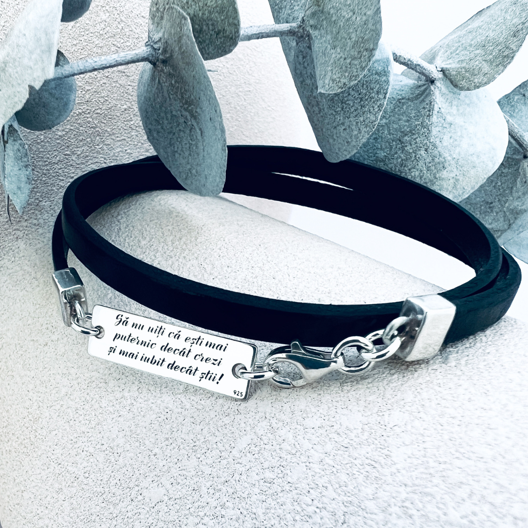 Bratara personalizata argint barbati, snur plat piele naturala - Sa nu uiti... [2]