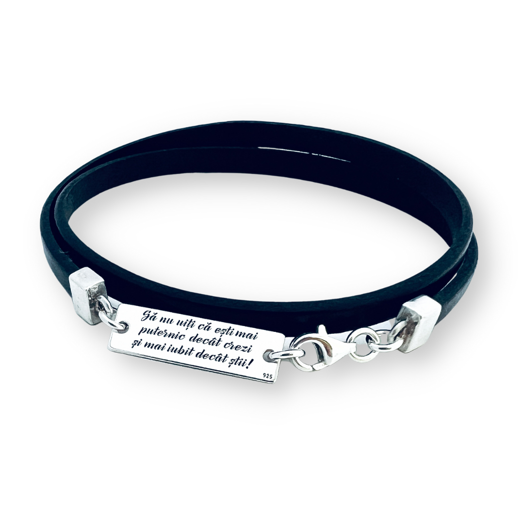 Bratara personalizata argint barbati, snur plat piele naturala - Sa nu uiti... [2]
