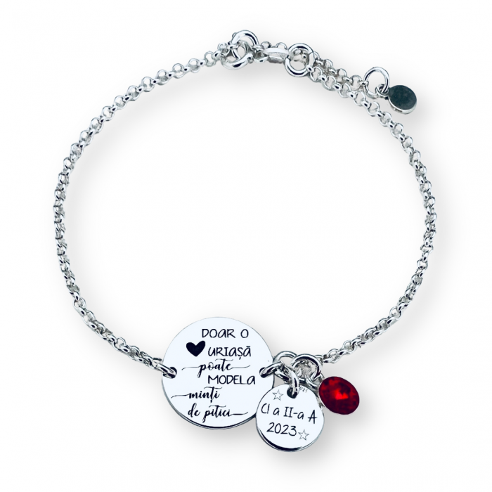 Bratara personalizata argint, doi banuti gravati si cristal Swarovski - Cadou pentru o invatatoare draga [2]