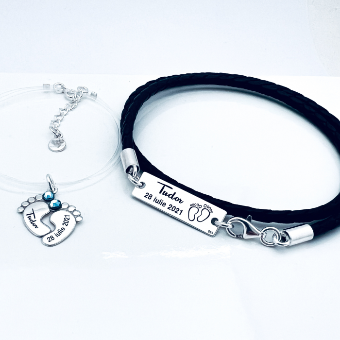 Bratara personalizata argint snur piele Talpite bebe [2]