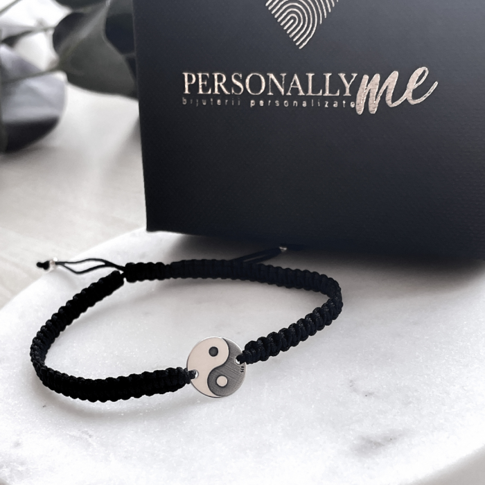 Bratara impletita personalizata, snur reglabil si pandantiv argint Yin si Yang [2]