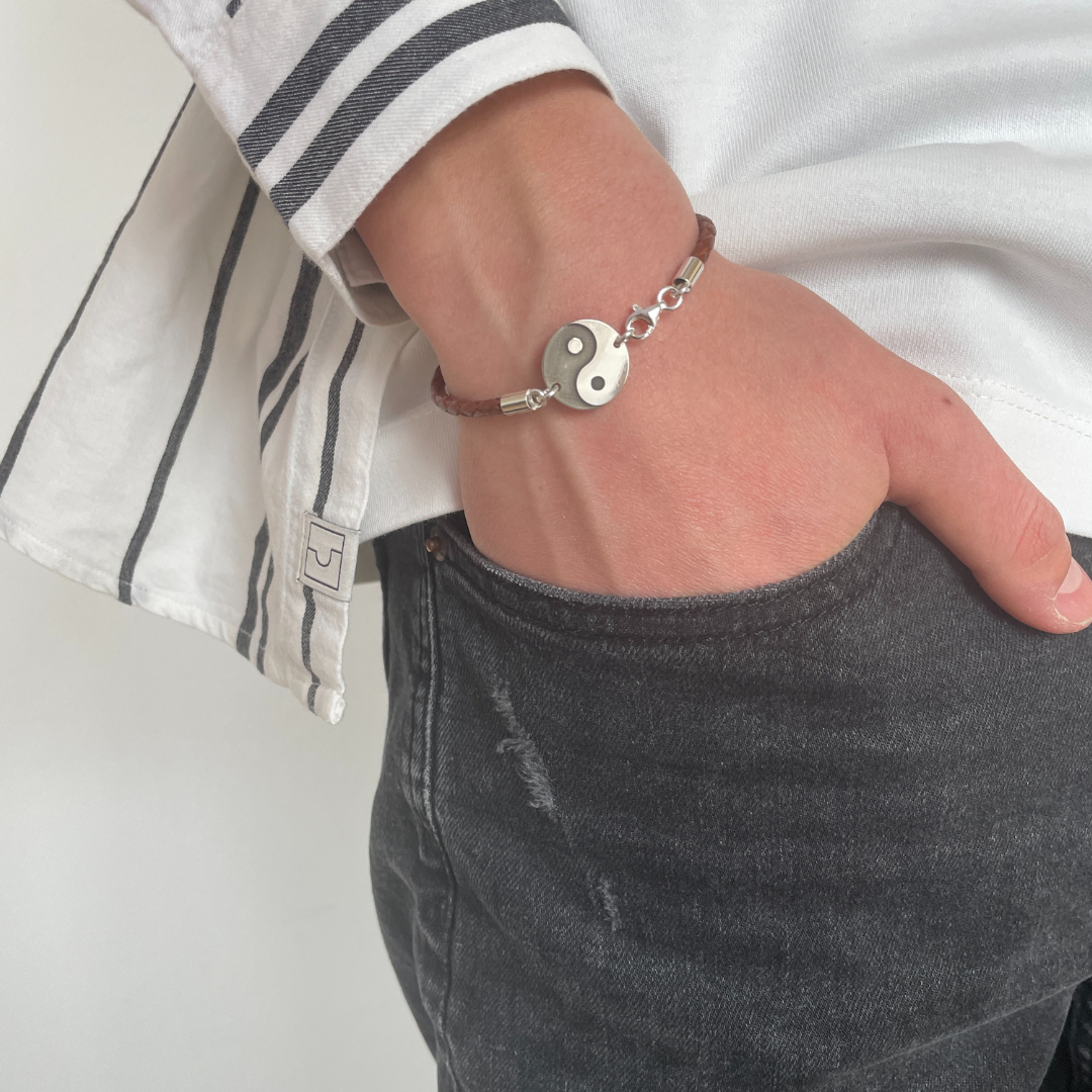 Bratara personalizata argint, snur piele simbol Ying & Yang [2]