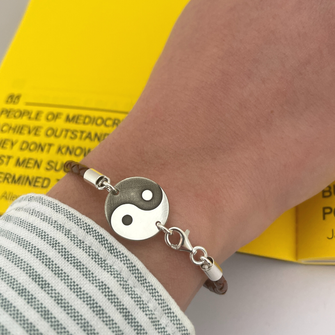 Bratara personalizata argint, snur piele simbol Ying & Yang [3]